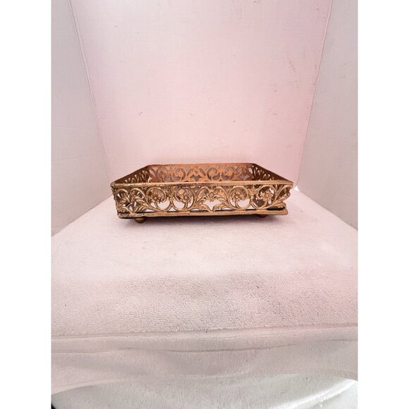 Footed Mirror Tray LG Gold Vanity Filigree Scroll Floral 14" x 9" x 3.5" LUXURY - Picture 5 of 15